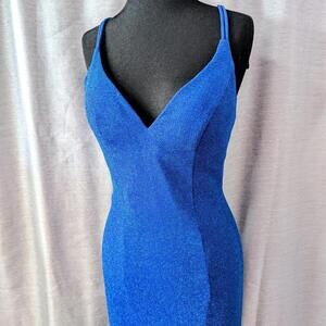 Royal Blue Bodycon Stretch Metallic Evening Gown Siz 6 Small